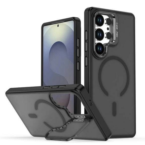 for Samsung Galaxy S25 FE Magnetic Case with Camera Frame Kickstand, Compatible with MagSafe, Slim TPU+PC Shockproof Drop Protective Translucent Matte Phone Cover for Galaxy S25 FE, Black