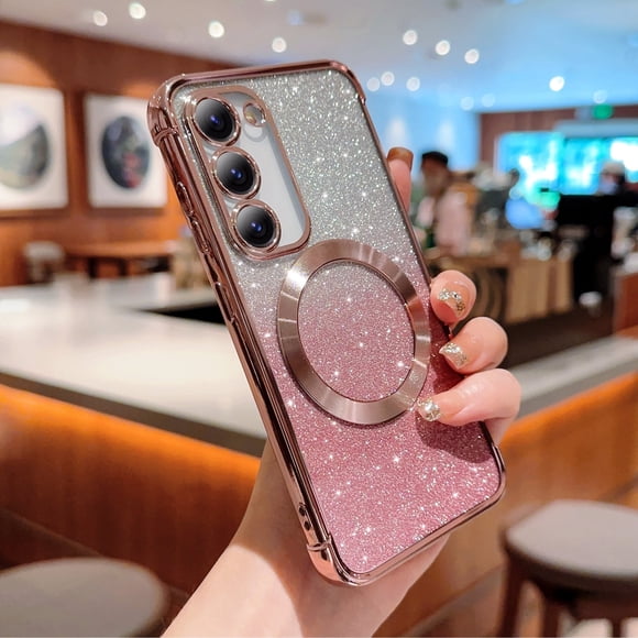 For Samsung Galaxy S25 FE Magnetic Phone Case,Compatible with MagSafe Charging,Gradient Color Bling Glitter Case for Women Girls,Luxury Plating Clear Soft TPU Shockproof Phone Cover,Pink