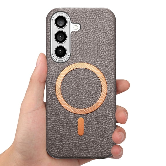 For Samsung Galaxy S25 FE Magnetic Phone Case,Compatible With Wireless Charging,Lychee Pattern PU Leather Back,Ultra Slim Rugged Shockproof Anti-Scratch Anti-fall Non-slip Phone Case,Gray