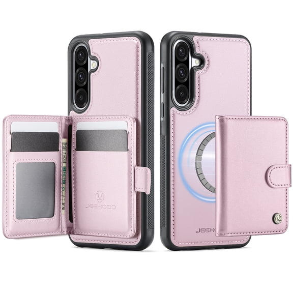 For Samsung Galaxy S25 FE Phone Case,2-in-1 Magnetic Removable Card Holder,Compatible With Mag-Safe,PU Leather + TPU + PC Hybrid Shockproof Anti-fall Protection,Durable Phone Case,Pink