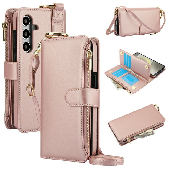 for Samsung Galaxy S25 FE Wallet Case with Card Holder - PU Leather Case Detachable Crossbody Strap & Wristband & Secure Ring, Shockproof Protective RFID Blocking Zipper Purse Phone Cover, Rosegold