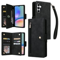 for Samsung Galaxy S25 FE Wallet Case with Card Slots & Zipper Pocket, PU Leather TPU Full Body Protective Phone Case with Kickstand Magnetic Clasp Wrist Strap Shockproof Rugged Cover, Black