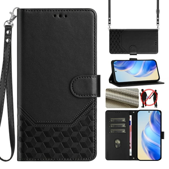 for Samsung Galaxy S25 FE Wallet Case for Men Women, RFID Blocking Card Holder Slots, Wrist Strap & Shoulder Strap Shockproof TPU Inner, Kickstand PU Leather Protective Phone Cover, Black
