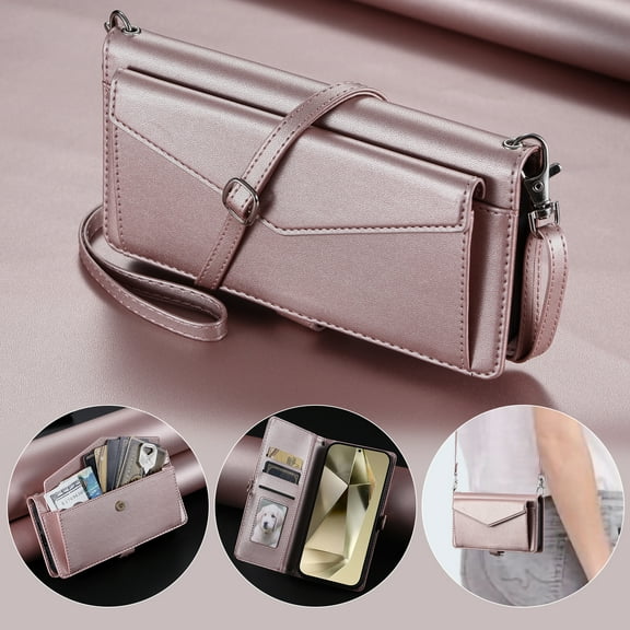 For Samsung Galaxy S25 FE Wallet Case, RFID Blocking Crossybody Shoulder Strap Hand Wrist Flip Cover Carsd Holder Snap Closure Protective Phone Case for Samsung Galaxy S25 FE, Rosegold