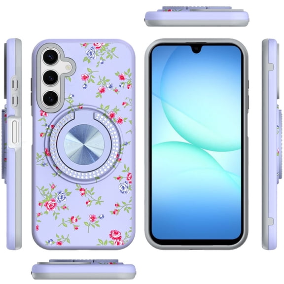 For Samsung Galaxy S25 Fan Edition /Galaxy S25 FE Pattern Design Hybrid with Invisible Ring Stand & Magnetic Back, Shockproof Protective Grip Cover, XPM Protector [Purple Spring Floral]