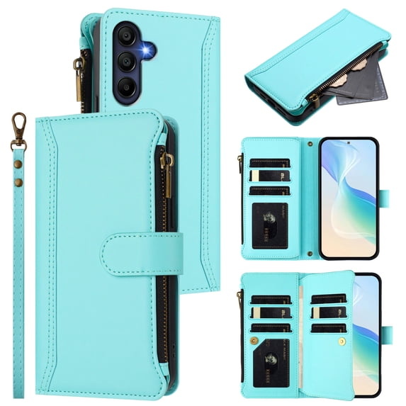 for Samsung Galaxy S25 Flip Wallet Case, PU Leather Protective Rugged Cover with Credit Card Slots Zipper Pocket, Shock-Absorbent Kickstand Magnetic Closure Lanyard & Shoulder Strap, Mint