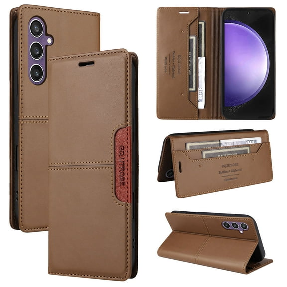 For Samsung Galaxy S25 Flip Wallet Case,[RFID Blocking]PU Leather Magnetic Folio Cover,With Card Slots,Flip Folding Kickstand,Shockproof TPU Anti-fall Rugged Phone Case Cover,Brown