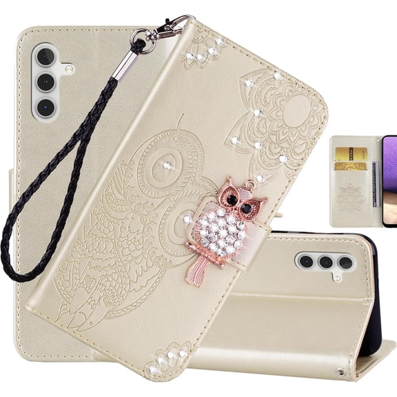 for Samsung Galaxy S25/ Galaxy S24 Wallet Case with Card Slot Holder, Glitter Diamond Owl Rhinestone Flip Folio PU Leather Cover Case with Wrist Strap for Galaxy S25 MTY-Gold