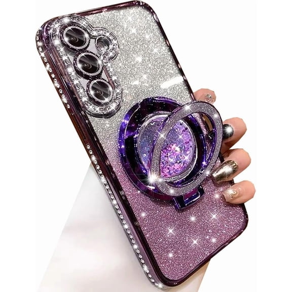 for Samsung Galaxy S25 Glitter Kickstand Case,Luxury Bling Sparkly Diamond Rhinestones with Camera Lens Protector Liquid Flowing Ring Stand TPU Bumper Women Girls Case for Galaxy S25 (Purple)