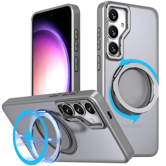 For Samsung Galaxy S25 Kickstand Case - Military-Grade Shockproof, MagSafe Compatible, Translucent Design with Rotatable Ring Holder Magnetic Case for Samsung Galaxy S25, Grey