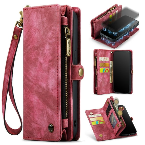 Samsung Galaxy S25+ Leather Detachable Wallet Zipper Case with 8 Card Slots Holder Magnetic case for Samsung Galaxy S25+ Flip Wallet Handle Wrist Strap Shockproof Pocket Handbag,
Red