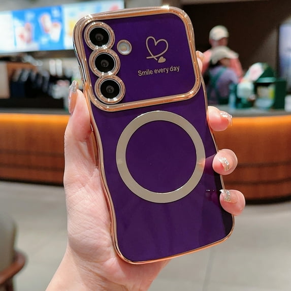 for Samsung Galaxy S25+ Magnetic Case, Cute Curly Wave Shape & Love Heart Pattern Plating Edge Case Compatible With Mag Safe Women Girls Soft TPU Bumper Shockproof Protective Cover,Darkpurple