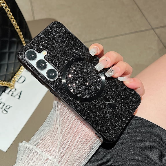 for Samsung Galaxy S25 Magnetic Case, Fashionable Sparkle Glitter Case Compatible with MagSafe Charging, Anti-Scratch Shockproof Phone Cover for Galaxy S25 Plating Bumper Bling Case, Black