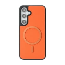 For Samsung Galaxy S25  Magnetic Phone Case,Fiber Pattern PU Leather Back,Compatible with Mag-Safe,Shockproof Anti-fall Drop Protection Anti-Scratch Ultra Slim Durable Phone Case,Orange