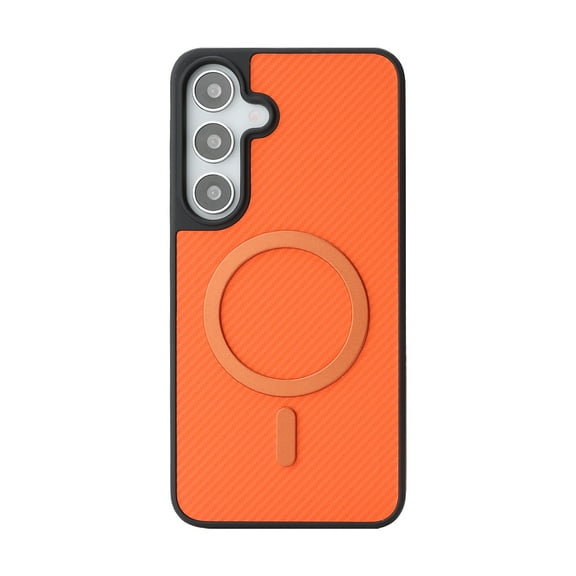 For Samsung Galaxy S25+ Magnetic Phone Case,Fiber Pattern PU Leather Back,Compatible with Mag-Safe,Shockproof Anti-fall Drop Protection Anti-Scratch Ultra Slim Durable Phone Case,Orange