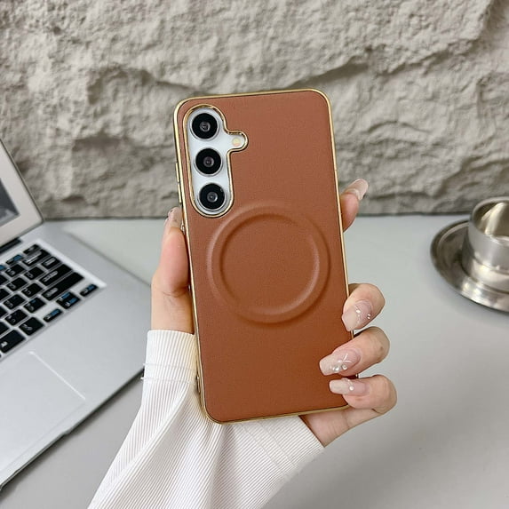 For Samsung Galaxy S25 Magnetic Phone Case,Made From PU Leather + Hard PC,Luxurious Electroplated Frame Designing,Compatible with Mag-safe,Ultra Slim Shockproof Rugged Phone Case,Brown