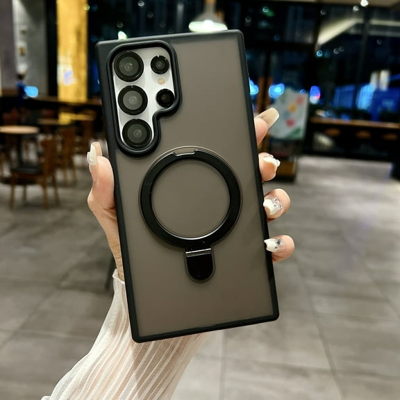 For Samsung Galaxy S25+ Magnetic Phone Case,With Lens Film,Contractile Ring Kickstand,Compatible with Mag-Safe,Shockproof Frosted Translucent Anti-Scratch Rugged Phone Case,Black