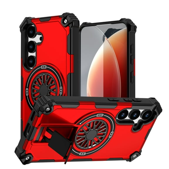 For Samsung Galaxy S25+ Magnetic Phone Case,With Retractable Kickstand,360 ° Rotatable Shafts Design,Compatible with Mag-safe,Shockproof Heavy Duty Anti-fall Durable Rugged Phone Case,Red