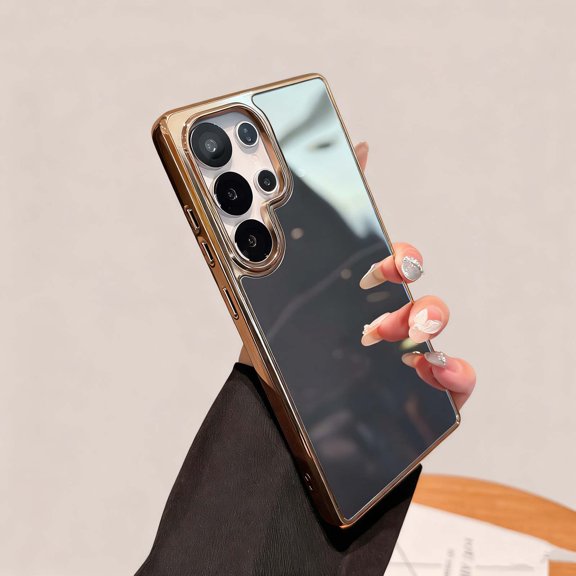 For Samsung Galaxy S25 Mirror Phone Case,for Women Girls,Makeup Cute Luxury Glossy Mirror Back,Ultra Slim Shockproof Anti-fall Drop Protection,Electroplated Frame Design,Rugged Case,Gold