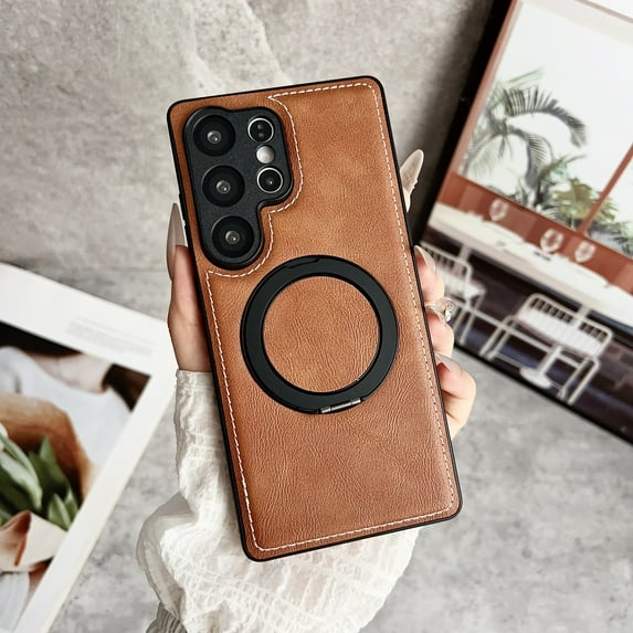 for Samsung Galaxy S25 PU Leather Back Cover with Ring Kickstand, Shock-Absorbent TPU Protective Case, Classic Anti-Scratch Anti-Fingerprint Non-Slip Wireless Charging Compatible, Brown