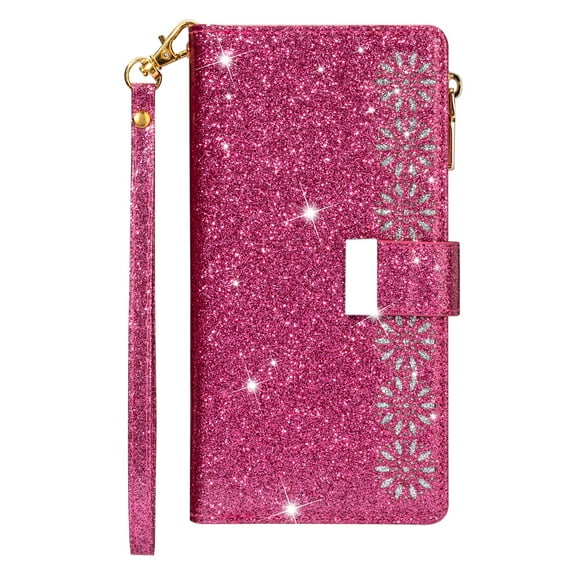 For Samsung Galaxy S25+ PU Leather Wallet Case,Glitter Flip Folding Kickstand,Magnetic Closure,With Card Slots,Zipper Pocket,Wrist Strap,Shockproof Luxury Bling Rugged Phone Case,Rose