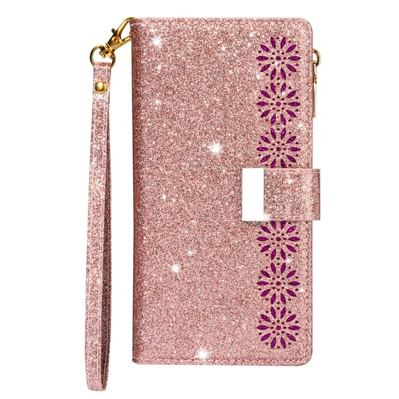 For Samsung Galaxy S25+ PU Leather Wallet Case,Glitter Flip Folding Kickstand,Magnetic Closure,With Card Slots,Zipper Pocket,Wrist Strap,Shockproof Luxury Bling Rugged Phone Case,Rosegold