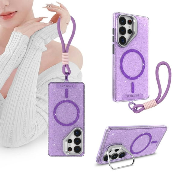 For Samsung Galaxy S25+ Phone Case,Compatible with Mag-Safe,Built-in Lens Ring Kickstand,Bling Glitter Transparent Back Desugn,With Wrist Strap,Shockproof Durable Thin Fit Phone Case,Purple