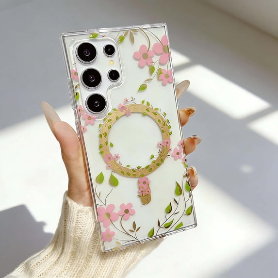 For Samsung Galaxy S25 Phone Case,Compatible With Mag-Safe,Elegant Colorful Floral Print Pattern,Transparent Back,PC + TPU Hybrid Shockproof Anti-fall Non-Slip Drop Protection,Phone Case,C