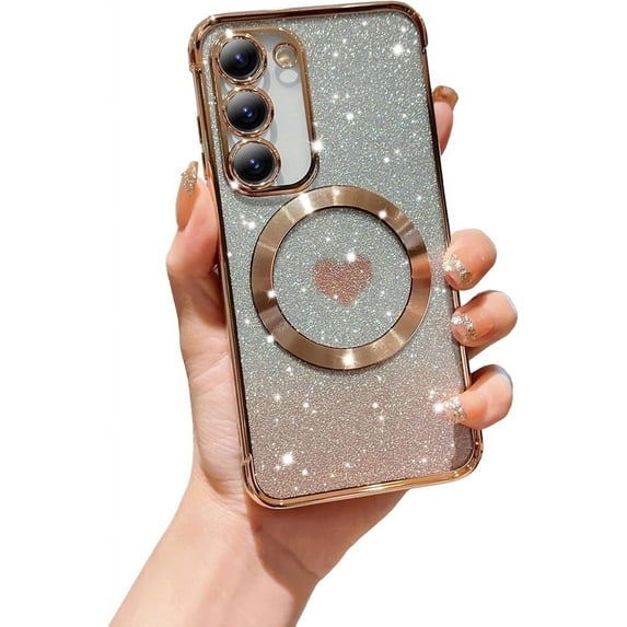 for Samsung Galaxy S25 Phone Case,Compatible with Magsafe,Magnetic Plating Glitter Gradient Cute Heart Clear Case,Camera Protection for Samsung Galaxy S25,Golden