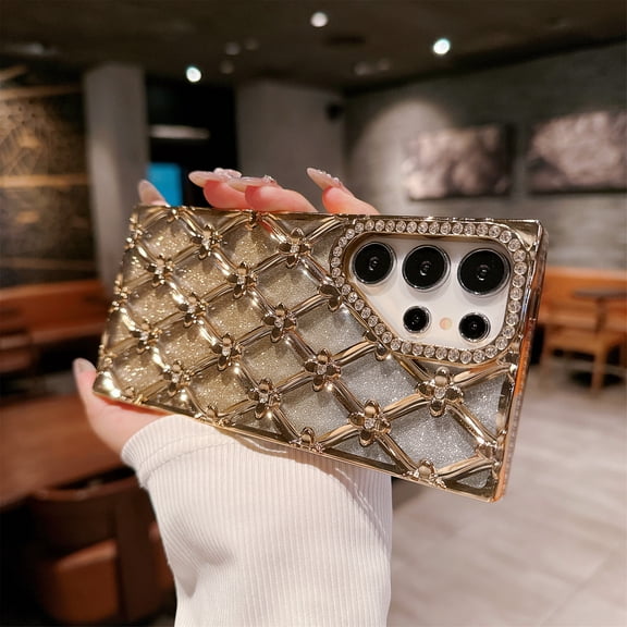 For Samsung Galaxy S25 Phone Case,Cute Bling Argyle Glitter Diamond Flower Back,Diamonds Shiny Design,Ultra Slim Shockproof TPU Anti-Scratch Anti-fall Luxury Durable Thin Fit Phone Case,Gold