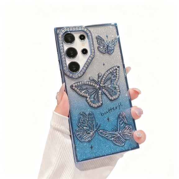 For Samsung Galaxy S25 Phone Case,Luxury Bling Gradient Glitter Back,Cute 3D Diamond Butterfly Pattern Plating Bling Case,Sparkly Diamond Camera Protection,Rugged Shockproof Phone Case,Blue