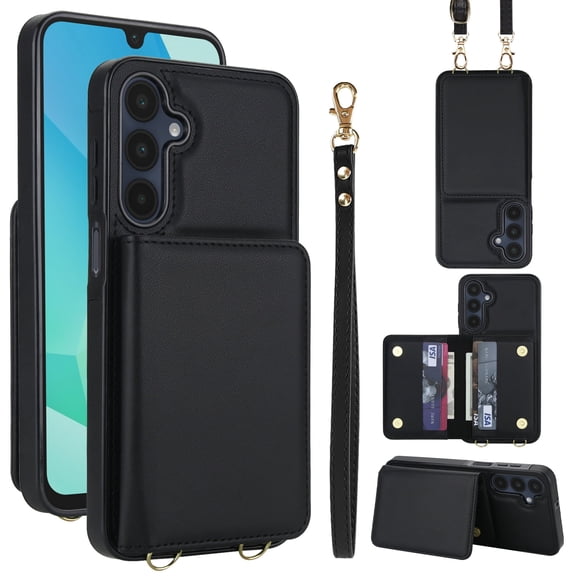 For Samsung Galaxy S25 Phone Case Wallet Card Holder,RFID Blocking PU Leather Back Magnetic Flip Kickstand Folio Case Wrist Lanyard & Crossbody Strap Protective Women Girls Cover,Black