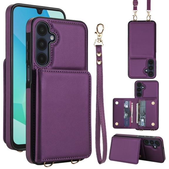 For Samsung Galaxy S25 Phone Case Wallet Card Holder,RFID Blocking PU Leather Back Magnetic Flip Kickstand Folio Case Wrist Lanyard & Crossbody Strap Protective Women Girls Cover,Deeppurple