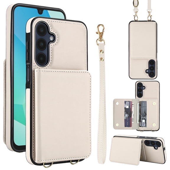 For Samsung Galaxy S25 Phone Case Wallet Card Holder,RFID Blocking PU Leather Back Magnetic Flip Kickstand Folio Case Wrist Lanyard & Crossbody Strap Protective Women Girls Cover,White