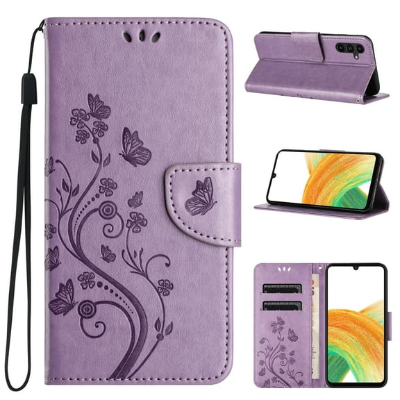 for Samsung Galaxy S25 Phone Case Wallet,Women Flip Folio Kickstand Cover with Credit Card Holders Emboss Butterfly Flower PU Leather Purse Wrist Strap Shockproof Case,Lightpurple