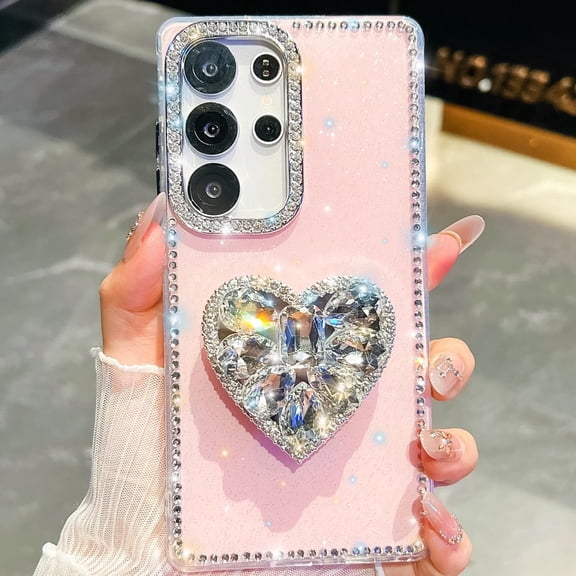 for Samsung Galaxy S25 Plus Bling Case Luxury for Women Girls Design Cute 3D Love Holder Kickstand Fancy Glitter Crystal Rhinestone Diamond Protective Phone Cover,Pink