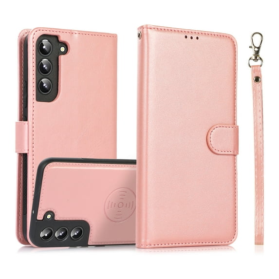 for Samsung Galaxy S25 Plus Case Detachable Magnetic Wallet Case with Card Holder, 2 in 1 PU Leather Flip Folio Case with Kickstand Wrist Strap Shockproof Phone Cover for S25 Plus, Rosegold