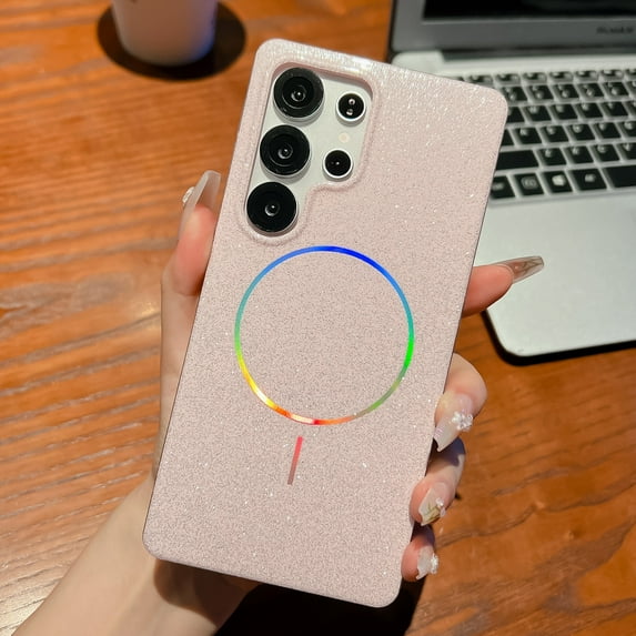 for Samsung Galaxy S25 Plus Case Glitter, Sparkly Bling Magnetic Compatible with Magsafe Anti-Scratch Slim Phone Case for Women, Girly Cute Shiny Bright TPU Frame Hard Plastic Back Cover, Pink