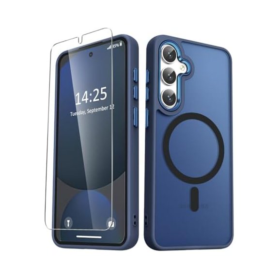 for Samsung Galaxy S25+ Plus Case, Matte Magnetic Phone Case with 1 Screen Protector, Support for Magsafe, Translucent Frosted Shockproof Protective Cover for Samsung Galaxy S25+ Plus, Navy Blue