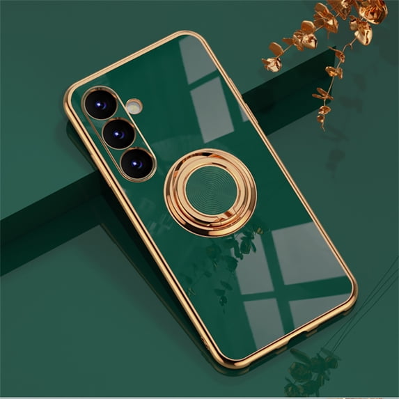 for Samsung Galaxy S25 Plus Case with Ring Stand, Slim Thin Electroplated Phone Case with Secure Ring & Kickstand, Luxury Shockproof Rugged Protective Case for Samsung Galaxy S25 Plus, Darkgreen