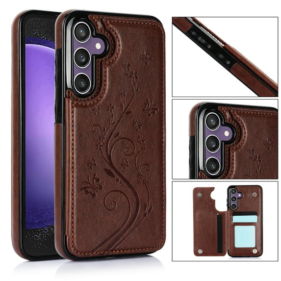 for Samsung Galaxy S25 Plus Case Wallet with Card Holder, Floral Flower Pattern Back Flip Folio PU Leather Kickstand Card Slots Case for Women Girls, Double Magnetic Clasp Shockproof Cover, Brown