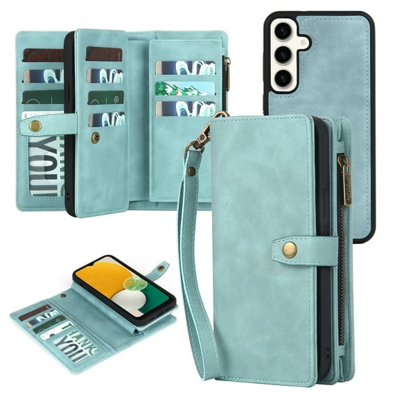 for Samsung Galaxy S25 Plus Case, Wallet Case for Women Men, Durable PU Leather Magnetic Flip Lanyard Strap Wristlet Zipper Card Holder Wallet Phone Cases for Samsung Galaxy S25 Plus, Blue
