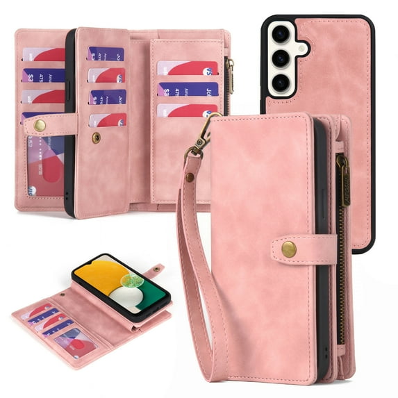 for Samsung Galaxy S25 Plus Case, Wallet Case for Women Men, Durable PU Leather Magnetic Flip Lanyard Strap Wristlet Zipper Card Holder Wallet Phone Cases for Samsung Galaxy S25 Plus, Pink