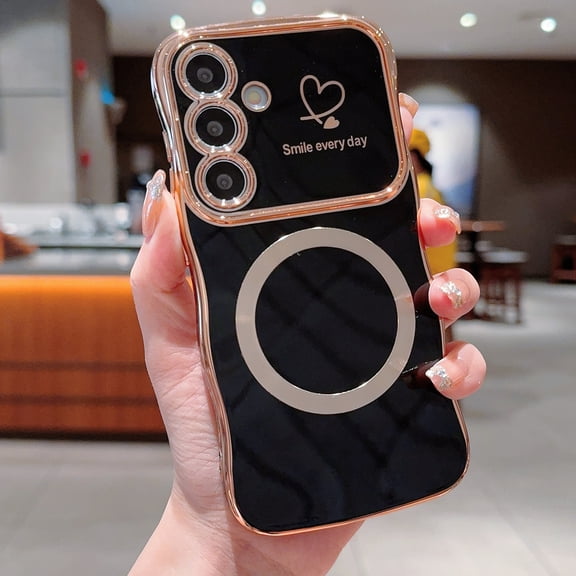 for Samsung Galaxy S25 Plus Case for Women Girls [Compatible with Mag Safe] Cute, Magnetic Love Heart Pattern with Camera Lens Protection Plating Shockproof Wireless Charging Phone Case,Black