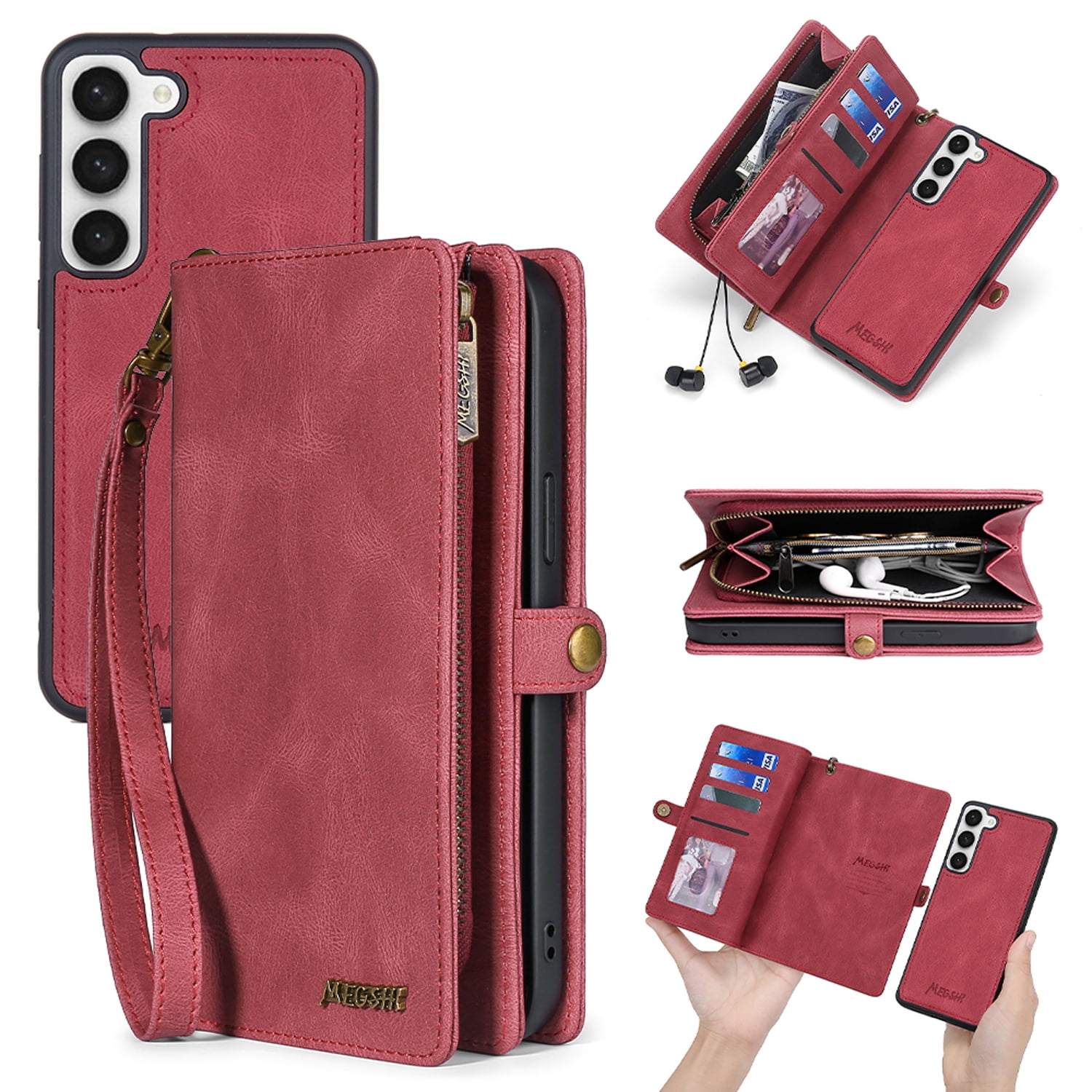 for Samsung Galaxy S25 Plus Case for Women Men, Removable Durable PU Leather Magnetic Flip Strap Wristlet Zipper Purse Card Holder Detachable Wallet Phone Cases for Samsung Galaxy S25 Plus, Red