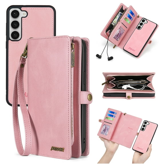 for Samsung Galaxy S25 Plus Case for Women Men, Removable Durable PU Leather Magnetic Flip Strap Wristlet Zipper Purse Card Holder Detachable Wallet Phone Cases for Samsung Galaxy S25 Plus, Pink