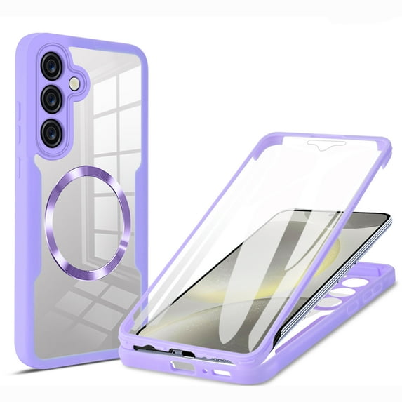 for Samsung Galaxy S25 Plus Clear Case with Built-in Screen Protector Film, Compatible with Mag-Safe, Military-Grade Protection Yellowing Resistant, Shockproof Magnetic Full Phone Case, Purple