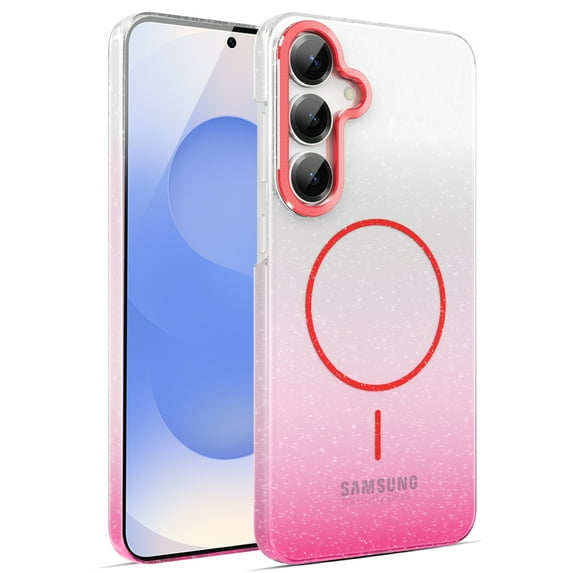 for Samsung Galaxy S25 Plus Clear Glitter Case with Gradient Color, Luxury Magnetic Back Compatible with MagSafe, Support Wireless Charging PC Protective Cover, Lightweight & Anti-Scratch, Red