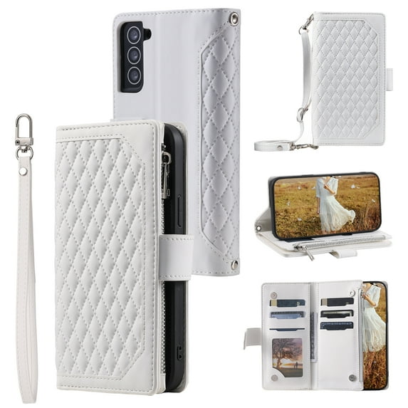for Samsung Galaxy S25 Plus Crossbody Wallet Case Flip Stand PU Leather RFID Blocking Card Slots Shockproof Magnetic Closure Zipper Pocket with Detachable Hand Strap&Shoulder Strap Cover, White