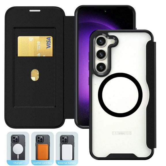 for Samsung Galaxy S25 Plus Magnetic Case, Compatible with Magsafe, Ultra Slim PU Leather Folio Flip Wallet Case with Card Slot & Transparent Back Cover for Galaxy S25 Plus, RFID Blocking, Black